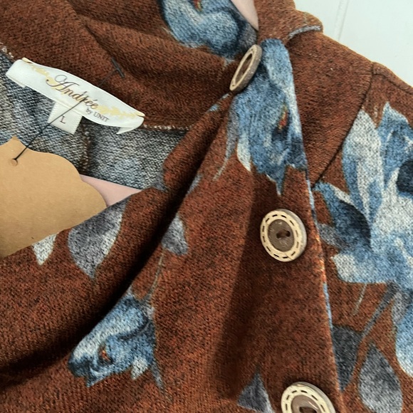NEW Andree by Unit Brown Sweater Dress Blue Floral Cowl Neck Buttons Size L - Picture 10 of 15